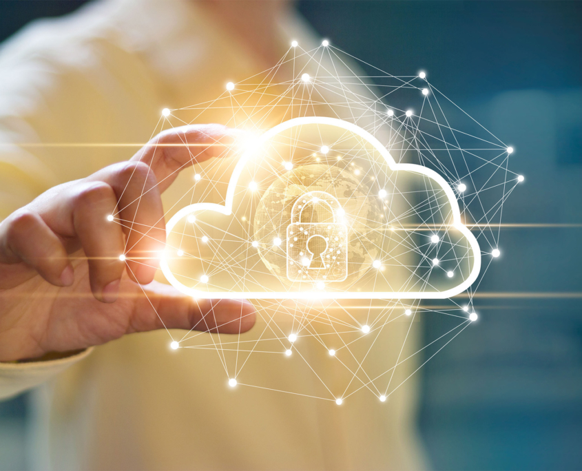 Man holding cloud computing data and security on global networking