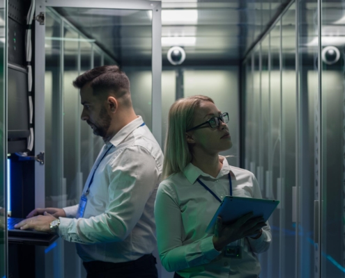 Two tech professionals working in data center