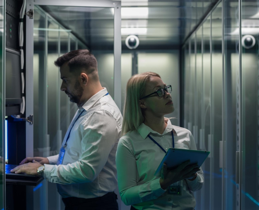 Two tech professionals working in data center